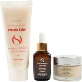 Rutina Reafirmante + Pantalla Solar. Actúa como una barrera física contra quemaduras solares. Efecto Despigmentante para Manchas y Arrugas.