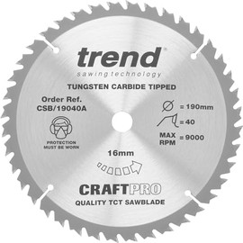 Trend Wood Circular Saw Blade, 190mm Diameter, 16mm Bore, 40 Teeth, TCT, 2.6mm Kerf, +15° Hook, CSB/19040A