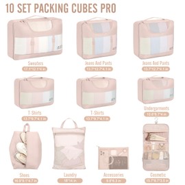 Veken 10 Set Packing Cubes for Travel, Beach Vacation Essentials Accessories for Cruise Ship, Suitcase Organizer Bags for Luggage with Hanging Toiletry & Shoe Bag, Birthday Gifts for Women Mom Her