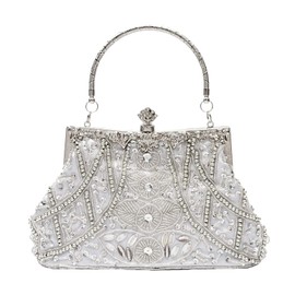 CORIOS Vintage 1920s Clutch Bag Women's Handmade Pearl Handbag Evening Bag Elegant Shoulder Bag Chain Shoulder Bag Small Bag Wedding Banquet Party Prom Bag, silver