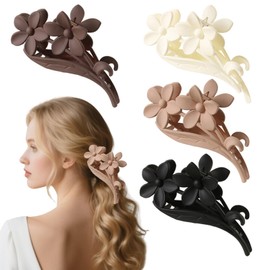 Flomiara 4PCS Claw Clip for Women, Flowers Hair Clips for Thick Thin & Fine Hair Shark Hairpin, Non-Slip Strong Hold French Retro Claws Accessories, Black, White, Brown, Dark Brown Set