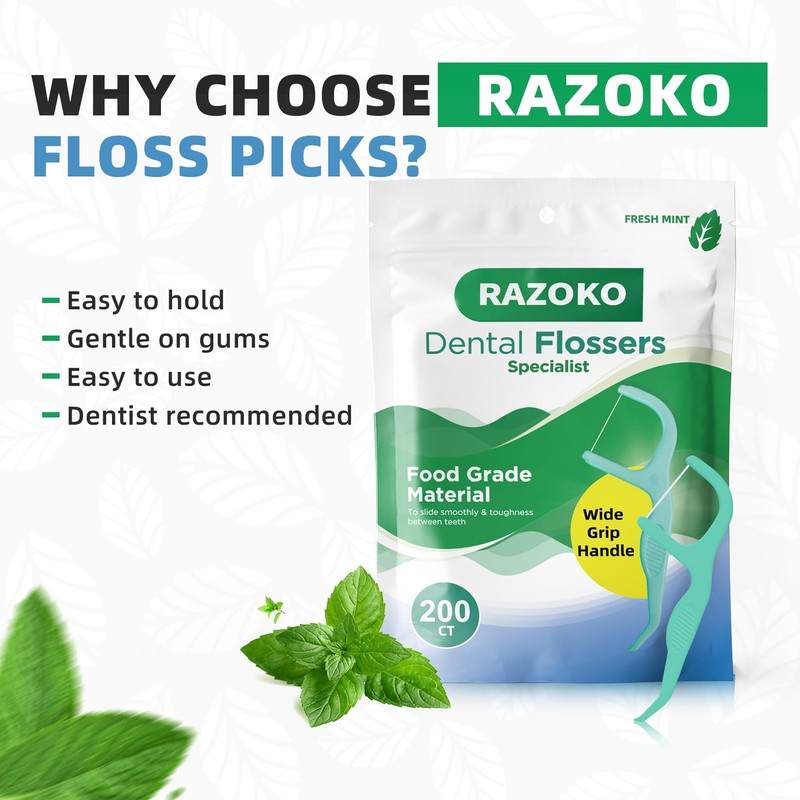 RAZOKO Dental Floss Picks | Toothpick, Shred-Resistant Floss, Easy Grip