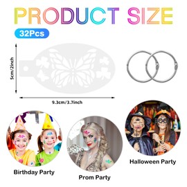 Pack of 32 Children's Make-Up Templates, Washable Tattoo Stencils, Children's Makeup Stencils, Textile Design, Temporary Glitter Tattoo Stencils for Holiday Party Makeup and Body Painting