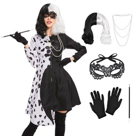 6 Piece Cruella Costume Women's Set, Cruella Devil Costume Women's with Wig, Lace Mask, Gloves, Pearl Necklace and Long Bar, Black White Dalmatian Dress for Carnival, Cosplay, Party, Fancy Dress (L)