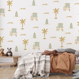 Beach Town Surfboard Wall Decals, Summer Beach Theme Decor,Boho House Wave Palm Tree Decals, for Living Room Bedroom Nursery Wall Decor (Yello Beach Town)