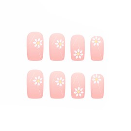 MERVF Square Press on Nails Medium Fake Nails Nude Solid Color Glue ons Flower Acrylic Nail Supplies Daisy Art DIY Squoval Manicure 24pcs Glossy