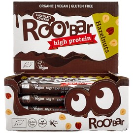 Roobar High Protein Haselnuss-Riegel mit Schokoladenüberzug – 100% Bio, Vegan, Fruchtriegel, milchfrei & glutenfrei, ohne raffinierten Zucker - 16 x 40g Riegel