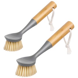 MR.SIGA Cepillo para platos con mango de bambú, raspador incorporado, cepillo para fregar sartenes, ollas, limpieza del fregadero de cocina, paquete d