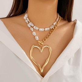 Chunky Heart Necklaces for Women Chunky Pearl Chain Stackable Heart Charm Necklace Large Heart Pearl Choker Necklaces Exaggerated Heart Pendant Necklace Statement Jewelry (pearl gold)
