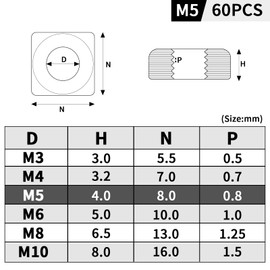 Mbsomnus Pack of 60 Square Nuts M5 Square Nuts 304 Stainless Steel DIN 557 Square Nut Insert Nut Flat for Wood Mechanical Engineering Electronic Devices Furniture Making
