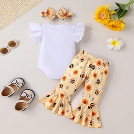 YOUNGER TREE Baby Girl 1st Birthday Outfits My first Birthday Romper Flared Pants Birthday Clothes One Year Old Birthday Gift(Bee One and Sunflower,6-12 Months)