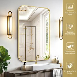 Umzodo 16x20 inch Brushed Matte Gold Metal Framed Rectangle Mirror with Rounded Corner, Wall Mounted Bathroom Vanity Mirror for Living Room, Bedroom, Hallway, Vertical or Horizontal