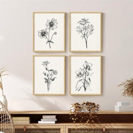 Framed Boho Black and White Flower Wall Art | Minimalist Floral Canvas Paintings Artwork for Walls, Set of 4 Vintage Botanical Pictures for Rustic Farmhouse Living Room Bedroom Kitchen Bathroom Wall Decor