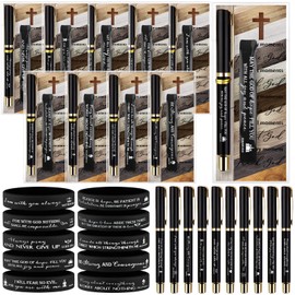 Spakon 50 Sets/150pcs Christian Gifts Bulk Bible Verses Pens Christian Silicone Bracelets Religious Paper Bookmarks for Women Men Sunday School Church Priest Gifts(Black,Classic)
