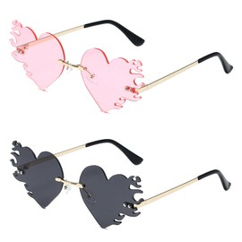 Dfuqanb Pack of 2 sunglasses, glasses, heart shaped and flame design, heart sunglasses, heart sunglasses, festival sunglasses, festival glasses, sunglasses festival, for men and women, Rose grey
