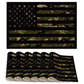 Set of 6 Washable American Flag Placemats Non-Slip Heat-Resistant 12x18 Inch Thick Decorative Independence Day Green Camouflage Linen Table Mats for Dining Table Home Décor