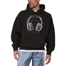 MAKAYA Hip Hop Hoodie Vintage Style Headphones Motif Pullover with Hood Retro Print 80s, black