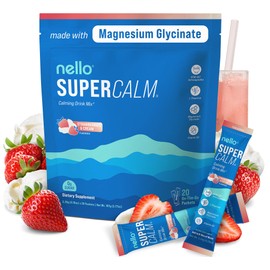Nello Supercalm Powdered Drink Mix, Cortisol Reducer*, Sleep Aid Supplement, L Theanine, Ksm-66 Ashwagandha, Magnesium Glycinate, Vitamin D 3, No Sugar, Non GMO, 20 Ct, Strawberries & Cream
