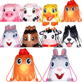 Hillban 16 Pcs Animal Drawstring Bags for Kids Party Favors Drawstring Backpack with Ear for Safari Birthday(Farm Style)
