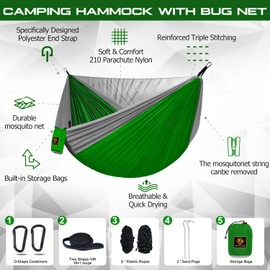 Camping Hammock, Portable Hammocks with Mosquito Net,Lightweight Nylon Parachute Hammock with 10ft Tree Straps,Camping Gear Must Haves for Travel Hiking Backpacking Beach Patio