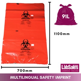 Ratiolab Biohazard Waste Disposal Bags Red, Heavy-Duty, Leak Proof for Hazardous Waste Bio Hazard Disposal, with Sterilization Indicator Patch 91L Volume 700x1100mm Pack of 75 - Autoclavable