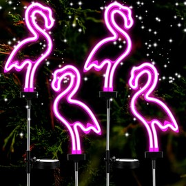 Flamingo Solar Lights Outdoor Neon Light Yard Pink Flamingo Waterproof Decorations for Garden Patio Yard Pathway Decoration(4 Pack)