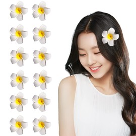 12Pcs 2.4 White Yellow Plumeria Flower Hair Clips Hawaiian Foam Flower Headpieces Artificial Floral Hair Barrettes Hair Decorations Accessories for Beach Vacation Party