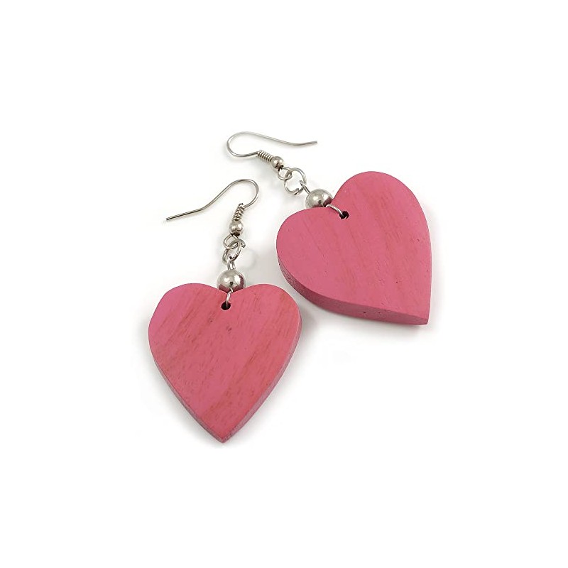 Rose Pink Wood Grain Heart Drop Earrings - 60mm L