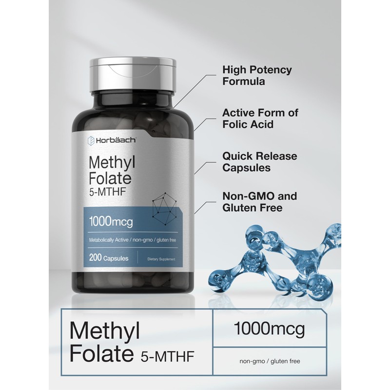 Horbäach Methyl Folate Supplement | 1000 mcg | 200 Capsules