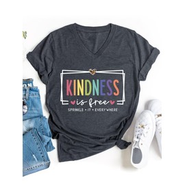Kindness Shirt Women Kindness is Free Sprinkle It Everywhere V Neck Graphic Tees Be Kind T-Shirt Inspirational Tshirt Grey