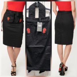UNIQUE VINTAGE Black & Spanish Rose Pencil Skirt with Belt**Size SMALL**NEW**