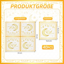 WenmthG Pack of 40 Eid Mubarak Napkins Ramadan Decoration - Ramadan Napkins Gold White 3-Layer Soft 33 x 33 cm - Ramadan Table Decoration - Eid Decoration Star Moon Accessories Ramadan - Ramazan