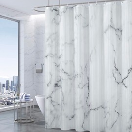 BLESFOREVER Grey White Marble Shower Curtain Set with 12 Hooks, Abstract Modern Luxury Gray White Marble Shower Curtains for Bathroom, Waterproof Fabric, 72" W X 72" L