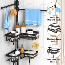 KEGII Black Shower Caddy Tension Pole with 2 Towel Bars, Adjustable Corner Bathroom Organizer, Rustproof Bathtub Storage Shelves for Shampoo, 25–114.2 Inch Shower Corner Rack for Renters & Family