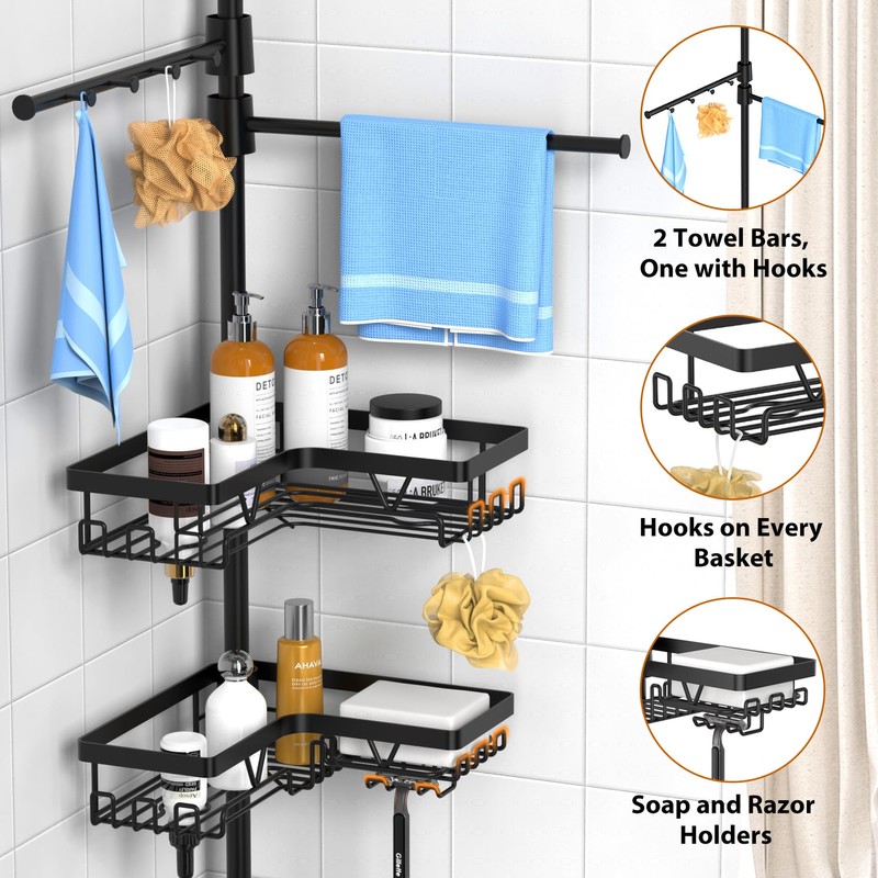KEGII Black Shower Caddy Tension Pole with 2 Towel Bars,