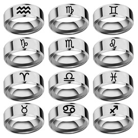 OAKKY Unisex Stainless Steel Hip Hop 12 Constellation Zodiac Signet Ring Horoscope Astrology Beveled Edges Birthday Gift Leo Blue Size S