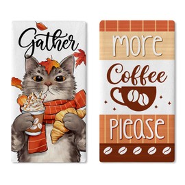 Croar Gather More Coffee Please Cat Kitchen Dish Towels Set of 2, Autumn Pet Drying Hand Towels Farmhouse Baking Cooking Cloth, Seasonal Rustic Home Kitchen Decoration Cat Lover Gifts 18 x 26 Inch