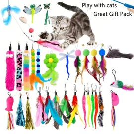 (1+X) Interactive Cat Toy 1PC Retractable Wand Toy and Random 5/10/20/28PCS Feather Toys Refills, Pole Toy for Bored Indoor Cats Chase and Exercise (20pcs(1+Random 19pcs))