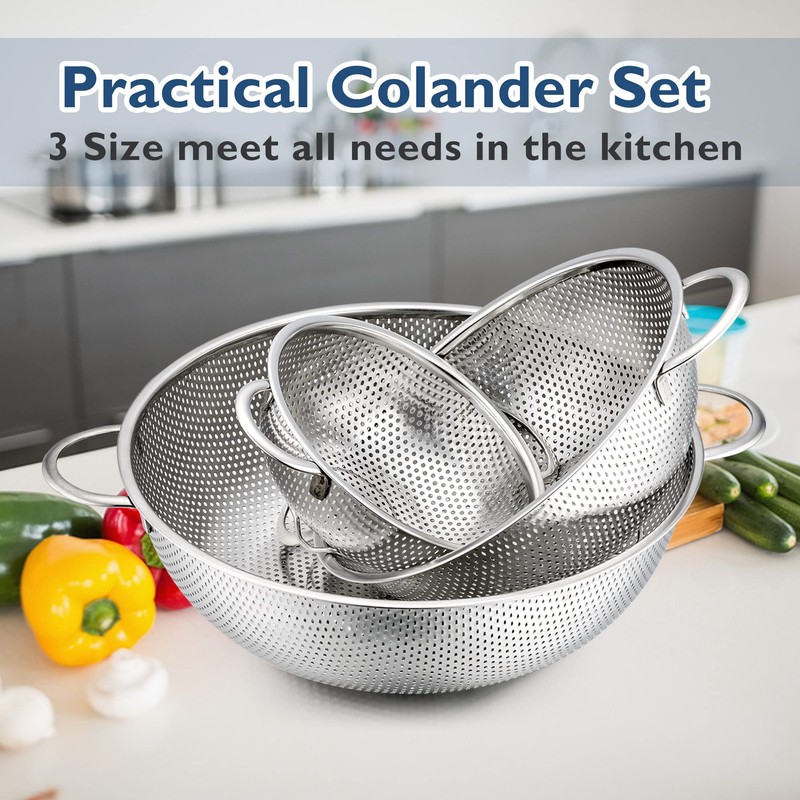 Herogo Colander Stainless Steel Set of 3, Micro-Perforations Colanders with