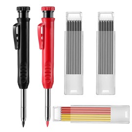 2 Pack Solid Carpenter's Pencil with 20 Refills, Deep Hole Marker Set with Built in Sharpener, Mechanical Pencil, Marking Tool for Carpenters, Woodworking, Architects (Black, Red)