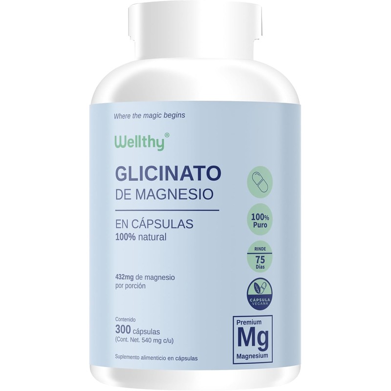Wellthy Glicinato de Magnesio 220 Cápsulas 432mg. 100 Natural, Alta