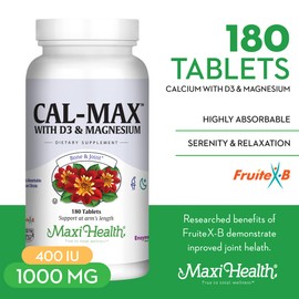 Maxi Health Calcium 1000 mg with Vitamin D3 (400 IU) and Magnesium (750 mg) - Cal Max Dietary Supplement for Bone, Teeth and Joint Support - for Men and Women - 180 Tablets