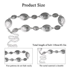 Belt,Western Metal Concho Belt,Hollow Out Daisy Chain Belt,Cowgirl Belt,Women's Waist Chain,Adjustable Boho Waist Chain Country Concert Outfit for Dress-Silvery