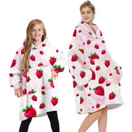 Loalirando Oversized Hoodie Blanket Fluffy Fleece Oodie Blanket Hoodie for Women Men Kids Wearable Hooded Blanket with Big Pocket Family Matching (Pink - Strawberry, 7-12 Years)