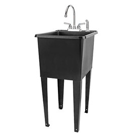 Black Space Saver Utility Sink by JS Jackson Supplies, Freestanding Tehila Space Saving Laundry Tub, Chrome Gooseneck Faucet with Side Sprayer