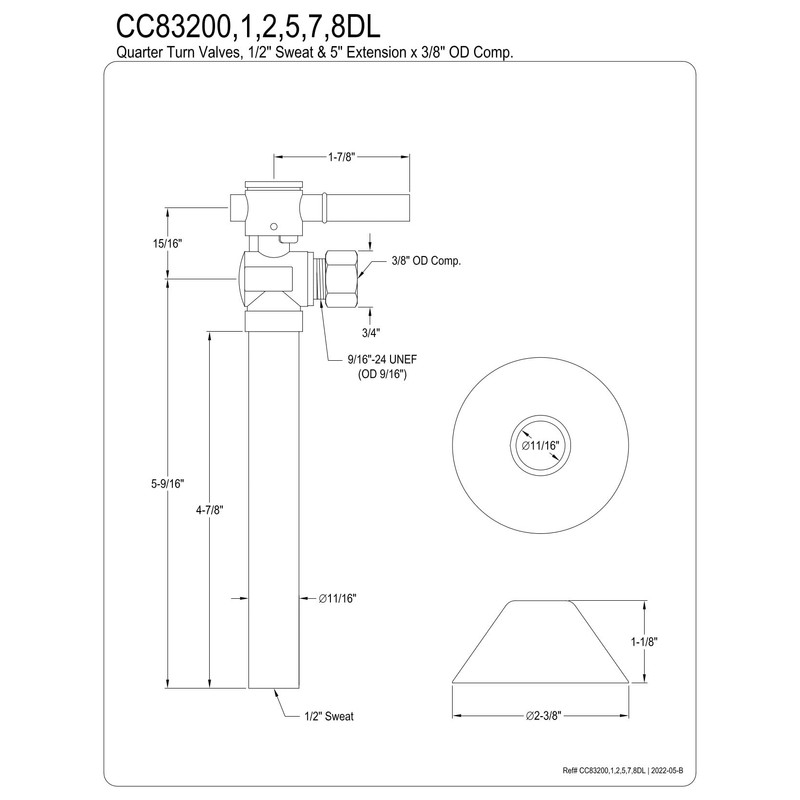 Kingston CC83207DL 3/8" O.D. Comp Angle Shut-Off Valve, Brushed Brass