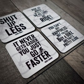 Premium Cycling Quote Coasters Set - Cork-Backed Coasters with Inspirational Sayings from Jens Voigt, Eddy Merckx, Greg LeMond - Pack of 4