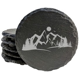 "Mountain Majesty" Slate Coasters with Stunning Mountain Scene Design - Perfect for Home and Office Decor and Protection of Surfaces, available in square or round Coasters - Round Slate - set of 4