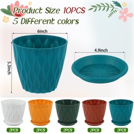 Suclain 10 Pack 6 Inch Plant Pots with Drainage Hole and Tray Saucer Plastic Pots for Plants Flower Pots for Indoor Plants for Your Room, Office, Garden Decor (Wave)