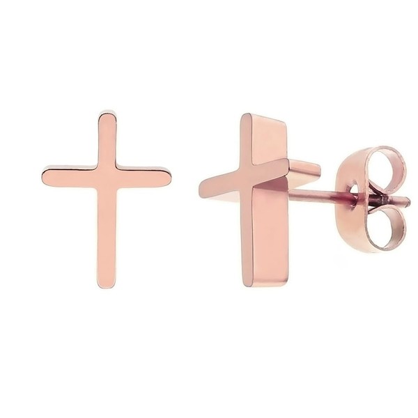 ELBLUVF Stainless Steel 18k Rose Gold Plated Cross Stud Earrings